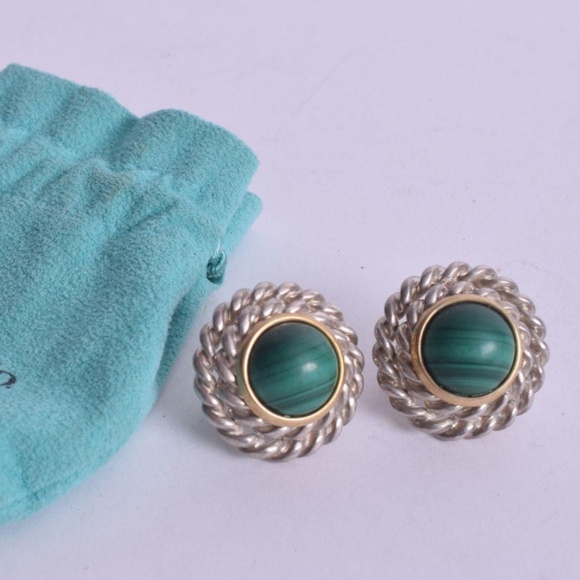 Tiffany & Co. Jewelry - A Pair of Tiffany Silver Earring with 18CT Gold Mounted Malachite Cabochons